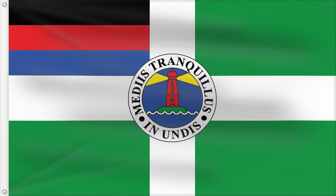 Drapeau, avec deux œillets métalliques et guindant renforcé : Borkum Town of Borkum Ville d Borkum Stadt Borkum Beschreibung des Wappens Das Wappen der Stadt Borkum zeigt unterhalb eines Spruchbandes Mediis tranquillus in undis einen zweigeteilten Wappenschild Zwei Wale im linken L illa de Borkum, frisones