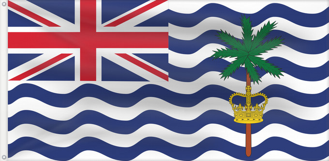 Drapeau, avec deux œillets métalliques et guindant renforcé : British Indian Ocean Territory 1990	British Indian Ocean Territory (1990)	Territoire britannique de l'océan Indien (1990)	Territorio Británico del Océano Índico (1990)	Britische Indian Ozean Territorien (1990)	Territorio Britannico dell'Oceano Indiano (19