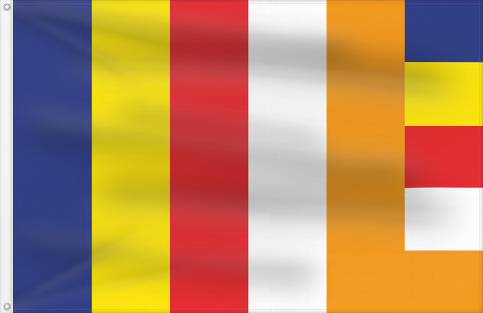Drapeau, avec deux œillets métalliques et guindant renforcé : Buddhism	Bouddhisme	Budismo	Buddhismus	Buddhismo