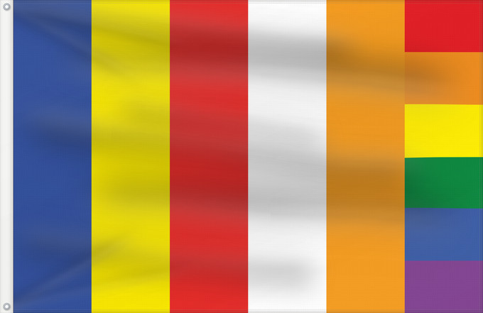 Drapeau, avec deux œillets métalliques et guindant renforcé : Buddhist rainbow	Buddhist rainbow flag	Drapeau arc-en-ciel bouddhiste	Bandera arcoíris budista	Buddhistische Regenbogenflagge	Bandiera arcobaleno buddista	A rainbow flag for Buddhist LGBT people