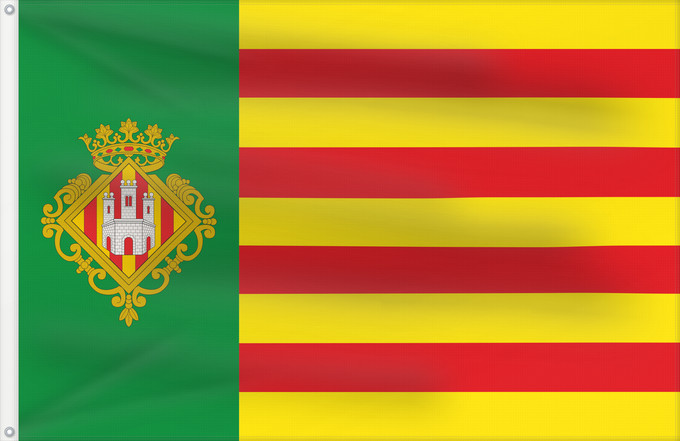 Drapeau, avec deux œillets métalliques et guindant renforcé : Castelló de la Plana-2	Castellón de la Plana, Valencian Community, Spain	Castellón de la Plana  España  «Bandera de proporciones 2 3. Sobre fondo amarillo cuatro barras rojas	Castelló de la Plana  País Valencià  «Bandera de proporcions 2 3. Sobre fons gro