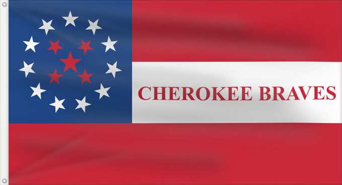 Drapeau, avec deux œillets métalliques et guindant renforcé : Cherokee Braves	National Color of the 1st Cherokee Mounted Rifles	Couleur Nationale des 1st Cherokee Mounted Rifles (1861)	Color Nacional de los 1st Cherokee Mounted Rifles (1861)	Nationalfarben der 1. Cherokee Mounted Rifles (1861)	Colore Nazionale dei 1