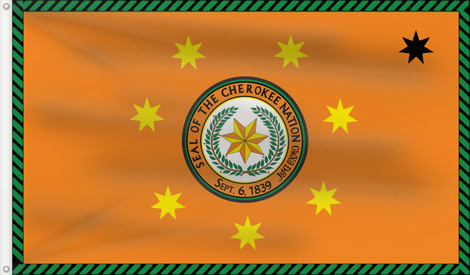 Flag, with two metal eyelets and reinforced hoist: Cherokee Nation	Nation Cherokee	Nación Cherokee	Cherokee-Nation	Nazione Cherokee	ᏣᎳᎩ ᎠᏰᎵ ᎦᏓᏘ	Indiánskeho národa Čerokí