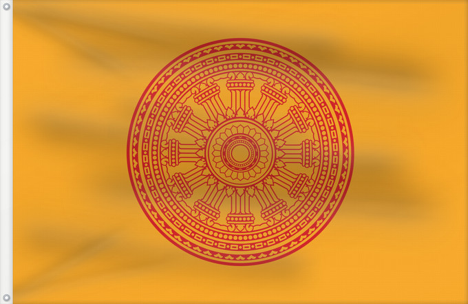 Drapeau, avec deux œillets métalliques et guindant renforcé : Dharmacakra flag  Thailand	Dharmacakra flag, a flag of Buddhist in Thailand	ธงธรรมจักร สัญลักษณ์ของพระพุทธศาสนาในประเทศไทย ธรรมจักรในธงนี้ใช้กำ 12 ซี่ วาดขึ้นโดยดัดแปลงจาก File Dhamma Cakra  red