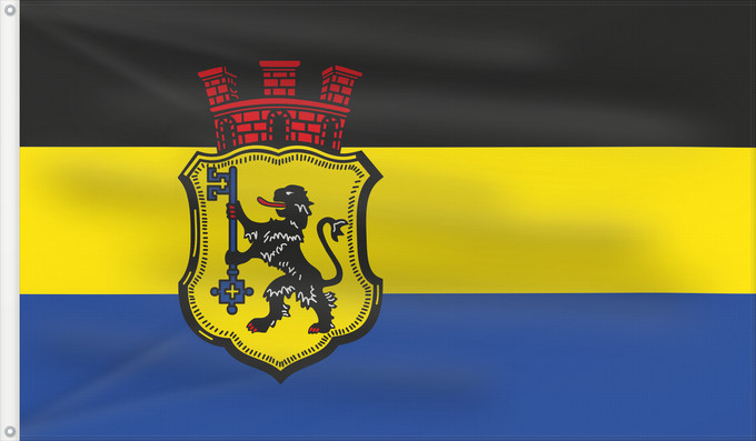 Drapeau, avec deux œillets métalliques et guindant renforcé : Eschweiler	Beschreibung der Flagge  Die Flagge zeigt in waagerechter Aufteilung die Farben schwarz-gelb-blau mit dem Stadtwappen in der Mitte des Tuches zum Flagstock hin verschoben