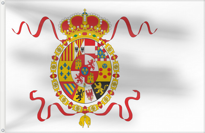 Bandera, con dos ojales metálicos y lado del asta reforzado: Spain  1760–1785	Ensign of the Spanish Navy during the first part of the reign of Carlos III	Espagne - Pavillon de la Marine (1760-1785)	Pabellón de la Armada de España durante la primera parte del reinado de Carlos III	Spanien - Seekriegsflagge (1760-178