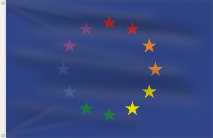 Drapeau, avec deux œillets métalliques et guindant renforcé : Europe Gay	Remake of Europe flag According to the National Gay Flags of the World