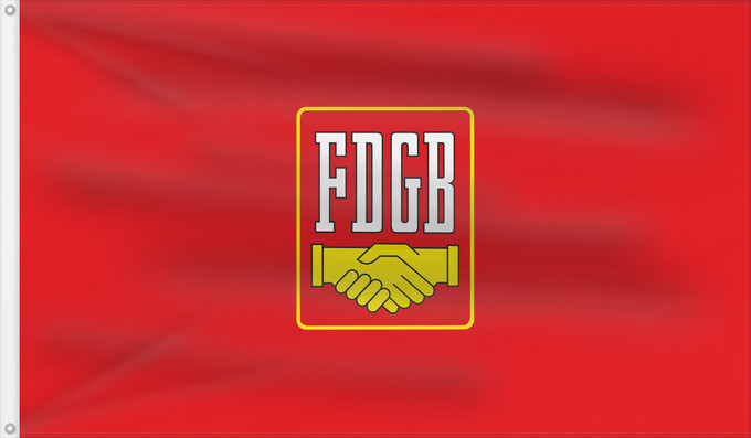 Drapeau, avec deux œillets métalliques et guindant renforcé : FDGB	FDGB flag (until 1990)	Drapeau du FDGB (jusqu'en 1990)	Bandera del FDGB (hasta 1990)	Freien Deutschen Gewerkschaftsbundes  FDGB  der DDR	Bandiera del FDGB (fino al 1990)