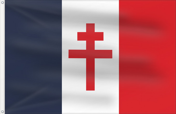 Flag, with two metal eyelets and reinforced hoist: Free France  1940-1944  Cross of Lorraine variant	Free France (1940-1944) Cross of Lorraine variant	France Libre (1940-1944) variante Croix de Lorraine	Francia Libre (1940-1944) variante Cruz de Lorena	Freies Frankreich (1940-1944) Lothringerkreuz-Variant