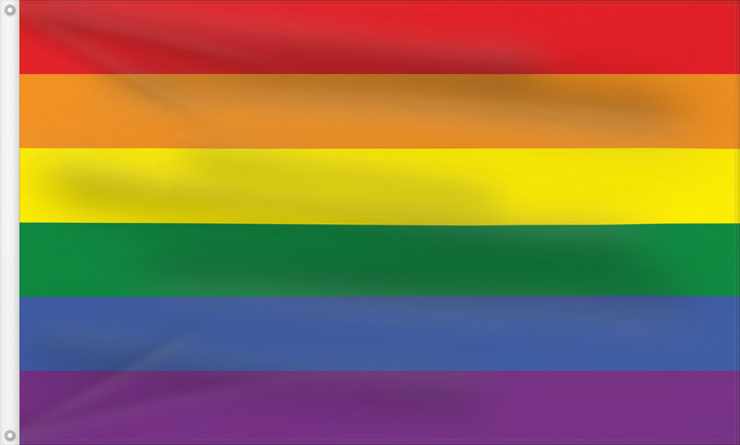 Drapeau, avec deux œillets métalliques et guindant renforcé : Gay Pride	Rainbow flag. Symbol of gay pride	Arc-en-ciel. Symbole homosexuel	Arcoíris. Símbolo de orgullo homosexual	Die Regenbogenfahne	Arcobaleno. Simbolo dell orgoglio omosessuale	Regenboogvlag. Symbool van de homobeweging	Tęczowa flaga	علم قوس قزح	Sate