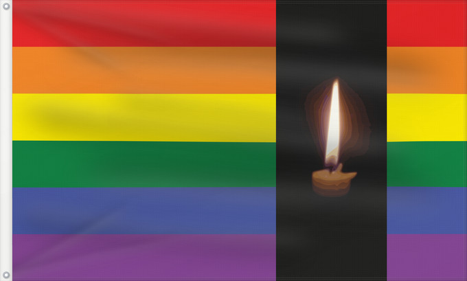 Drapeau, avec deux œillets métalliques et guindant renforcé : Gay mourning	Combination of gay pride flag and burning candle