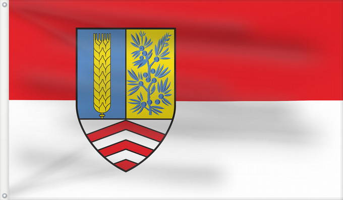 Drapeau, avec deux œillets métalliques et guindant renforcé : Gemeinde Steinhagen  Westfalen	Municipality of Steinhagen	Commune de Steinhagen  Westfalen   arrondissement de Gütersloh	Municipio de Steinhagen	Gemeinde Steinhagen  Westfalen   Kreis Gütersloh    Beschreibung der Flagge Von Rot und Weiß längsgestreift mi