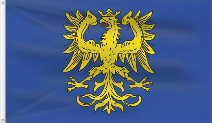 Drapeau, avec deux œillets métalliques et guindant renforcé : Germersheim	Beschreibung der Flagge  Die Flagge der Stadt Germersheim ist blau mit dem aufgelegten Wappen ohne Schild in der Mitte