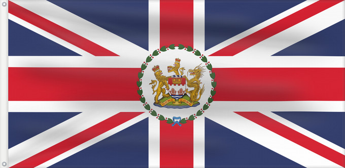 Drapeau, avec deux œillets métalliques et guindant renforcé : Governor of Hong Kong  1959–1997	Governor of Hong Kong (1959–1997)	Gouverneur de Hong Kong (1959–1997)	Gobernador de Hong Kong (1959–1997)	Gouverneur von Hongkong (1959–1997)	Governatore di Hong Kong (1959–1997)