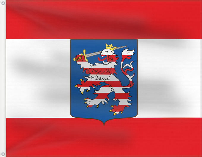 Drapeau, avec deux œillets métalliques et guindant renforcé : Großherzogtum Hessen mit Wappen	↑ State flag of the Grandduchy of Hesse  -Darmstadt   1839-1903 ↑ Civil and state ensign of the Grandduchy of Hesse  -Darmstadt   1839-1867	Grand-Duché de Hesse - Drapeau d'État / Pavillon civil et d'État (1839-1903)	Gran D