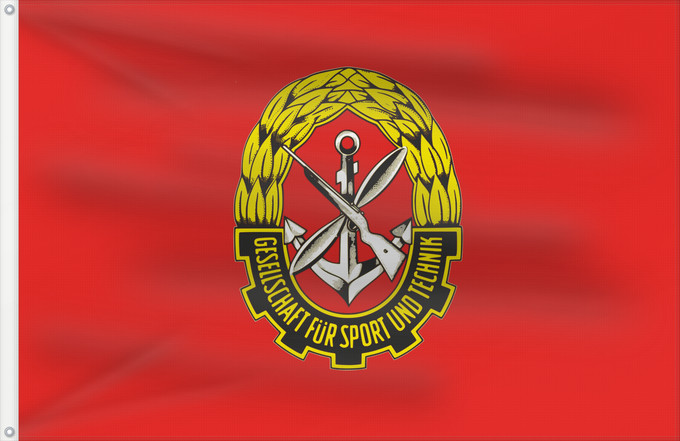 Drapeau, avec deux œillets métalliques et guindant renforcé : GST Society for Sport and Technology (GDR until 1990) Société pour le sport et la technologie (RDA jusqu'en 1990) Sociedad para el Deporte y la Tecnología (RDA hasta 1990) Gesellschaft für Sport und Technik, DDR bis 1990 Società per lo sport e la tecnolog