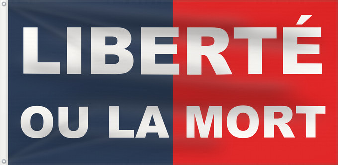 Drapeau, avec deux œillets métalliques et guindant renforcé : Haiti 1803–1804 Haiti from 1803 to 1804 Haïti de 1803 à 1804, portant en lettres capitales les mots LIBERTÉ OU LA MORT Haití entre 1803 y 1804 Haiti (1803–1804)
