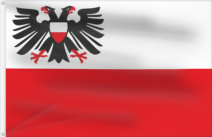 Drapeau, avec deux œillets métalliques et guindant renforcé : Hansestadt Lübeck Hanseatic city of Lübeck Ville de Lübeck Ciudad Hanseática de Lübeck Hansestadt Lübeck Die Flagge ist von alters her waagerecht geteilt Città Anseatica di Lubecca