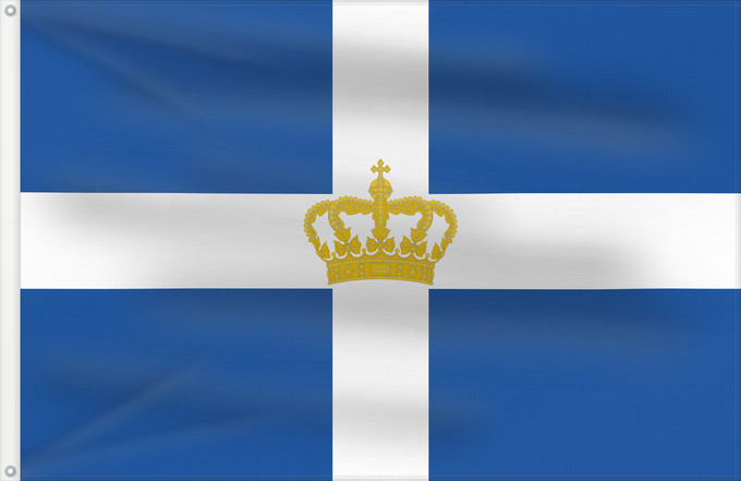 Drapeau, avec deux œillets métalliques et guindant renforcé : Hellenic Kingdom Flag 1935	Kingdom of Greece  1863-1970	Royaume de Grèce  1863-1970	Königreich Griechenland  1863-1970	Koninkrijk Griekenland  1863-1970	Af Kongeriget Grækenland  1863-1970	Η σημαία του Βασιλείου της Ελλάδας  1863-1970	Av Kongeriket Hellas