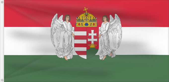Drapeau, avec deux œillets métalliques et guindant renforcé : Hungary  1896-1915; angels	A variant of the flag of the Kingdom of Hungary used between 12 January 1896 to 6 November 1915	A Magyar Királyság 1896. január 12. és 1915. november 6. között használt zászlajának egyik változata