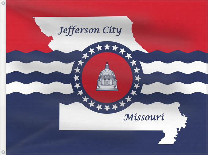 Drapeau, avec deux œillets métalliques et guindant renforcé : Jefferson City, Missouri	Jefferson City, Misuri	En Jefferson City, Missouri