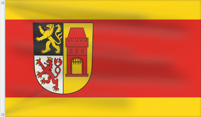 Drapeau, avec deux œillets métalliques et guindant renforcé : Kerpen	Beschreibung der Flagge  Gold Gelb -Rot-Gold Gelb  im Verhältnis 1 4 1, längsgestreift mit dem zur Stange verschobenen Wappenschild