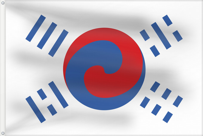 Drapeau, avec deux œillets métalliques et guindant renforcé : Korea  1888, Denny Taegukgi	Korea  Joseon dynasty  from 1888. Also known as the  Denny Taegukgi Hangul 데니 태극기	Corée (1888, Denny Taegukgi)	Corea (1888, Denny Taegukgi)	Korea (1888, Denny Taegukgi)	1888년부터 사용된 한국 조선왕조 의 국기