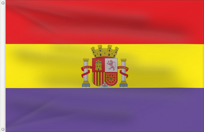 Bandera, con dos ojales metálicos y lado del asta reforzado: República Española	A modern version of the flag of the Second Spanish Republic	Seconde République espagnole (version moderne)	Versión moderna de la bandera republicana española	Zweite Spanische Republik (moderne Version)	Seconda Repubblica Spagnola (versi