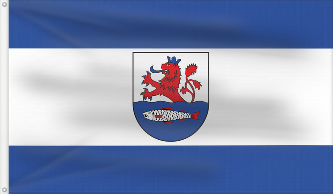 Drapeau, avec deux œillets métalliques et guindant renforcé : Leichlingen Beschreibung der Flagge Die Stadt Leichlingen Rheinland führt eine Stadtflagge mit den Farben blau-weiß-blau und dem Stadtwappen in der Mitte des Fahnentuches