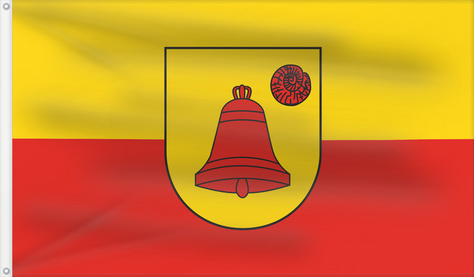 Drapeau, avec deux œillets métalliques et guindant renforcé : Luedinghausen	Lüdinghausen	Stadt Lüdinghausen  Die Flagge der Stadt ist von Gelb und Rot im Verhältnis 1 1 längsgestreift  gemeint ist quergestreift  und zeigt in der Mitte das Wappenschild der Stadt