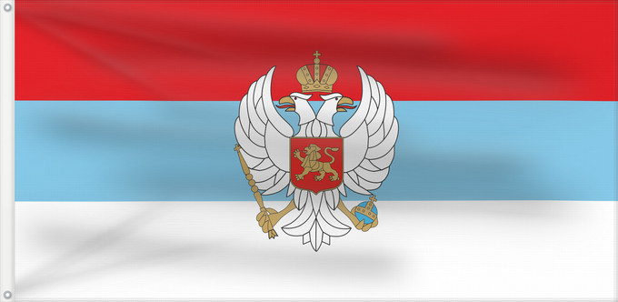 Drapeau, avec deux œillets métalliques et guindant renforcé : Montenegro  1993–2004, with coat of arms	Unofficial variation  2 1  of the former official flag of Montenegro  1994-2004	Monténégro (1993–2004, avec armoiries, non officiel)	Montenegro (1993–2004, con escudo de armas, no oficial)	Montenegro (1993–2004, mi