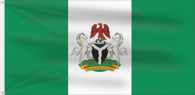Flag, with two metal eyelets and reinforced hoist: Nigeria state State flag of the Federal Republic of Nigeria Nigeria (drapeau d'État) Nigeria (bandera de estado) Nigeria (Staatsflagge) Nigeria (bandiera di stato) A Nigériai Szövetségi Köztársaság állami