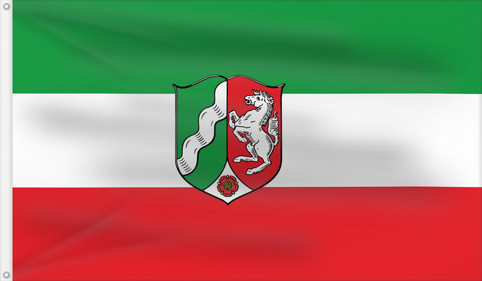 Drapeau, avec deux œillets métalliques et guindant renforcé : North Rhine-Westphalia  state	State service flag of North Rhine-Westphalia	Rhénanie-du-Nord-Westphalie - Drapeau de service de l'État	Renania del Norte-Westfalia - Bandera de Servicio Estatal	Landesdienstflagge Nordrhein-Westfalens	Renania Settentrionale-