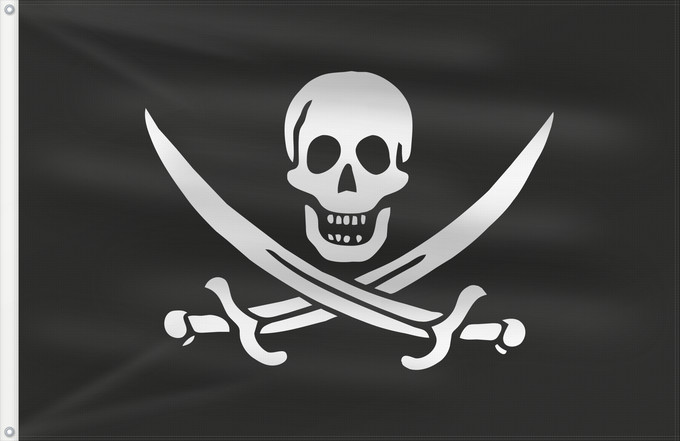 Bandera, con dos ojales metálicos y lado del asta reforzado: Pirate Flag of Jack Rackham	The pirate flag of Jack Rackham  1682 - 1720	Die Piratenflagge von Jack Rackham  1682 - 1720