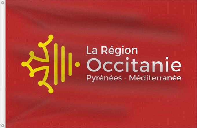 Drapeau, avec deux œillets métalliques et guindant renforcé : Région Occitanie Perpinyà variation	Occitanie (Perpignan variation)	Occitanie (variation Perpignan)	Occitania (variación de Perpiñán)	Occitanie (Perpignan-Variante)	Occitania (variazione Perpignano)	Region Occitanie