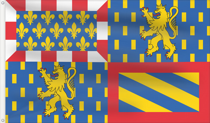 Flag, with two metal eyelets and reinforced hoist: Region Bourgogne-Franche-Comté Administrative region Bourgogne-Franche-Comté with the gobbony error shown on the actual Bourgogne-Franche-Comté (avec erreur de gobboni) Bourgogne-Franche-Comté (con error de gobelino) Bourgogne-Franche-Comté (mit Gobboni-