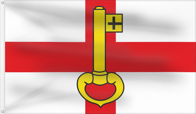 Drapeau, avec deux œillets métalliques et guindant renforcé : Rheinberg City of Rheinberg Ville de Rheinberg Stadt RheinbergBeschreibung der Flagge In Weiß ein durchgehendes rotes Kreuz
