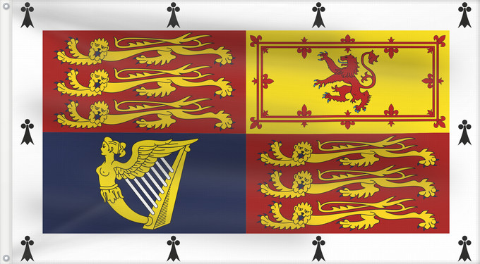 Drapeau, avec deux œillets métalliques et guindant renforcé : Royal Standard of members of the British Royal Family	Royal Standard of members of the Royal Family of the United Kingdom not entitled to a personal standard of their own	Étendard royal des membres de la famille royale britannique	Estandarte Real de miemb