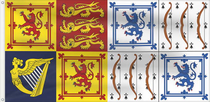 Flagge, mit zwei Metallösen und verstärktem Besatzband: Royal Standard of Queen Elizabeth	Royal Standard of Elizabeth Bowes-Lyon	Étendard Royal de la Reine Élisabeth, la Reine Mère (en Écosse)	Estandarte Real de la Reina Isabel, la Reina Madre (en Escocia)	Königsstandarte von Königin Elisabeth, der Königinmutt