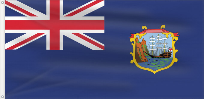 Drapeau, avec deux œillets métalliques et guindant renforcé : Saint Helena  1874–1985	Saint Helena, 1874 to 1985	Sainte-Hélène (1874–1985)	Santa Elena (1874–1985)	Sankt Helena (1874–1985)	Sant'Elena (1874–1985)