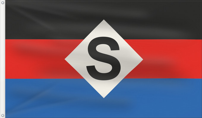 Drapeau, avec deux œillets métalliques et guindant renforcé : SpiekeroogS	Spiekeroog Flag of the municipalty of Spiekeroog  The flag is a black over red over blue horizontal tricolour  the colours of Ostfriesland  with a white diamond in its centre containing a black capital  S	Municipalté de Spiekeroog	Spiekeroog (