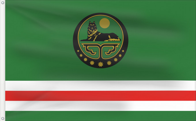 Drapeau, avec deux œillets métalliques et guindant renforcé : State Flag of Chechen Republic of Ichkeria	Drapeau d'État de la République Tchétchène d'Ichkérie	Bandera estatal de la República Chechena de Ichkeria	Staatsflagge der Tschetschenischen Republik Itschkerien	Bandiera di Stato della Repubblica Cecena di Ichk