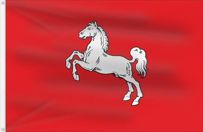 Flag, with two metal eyelets and reinforced hoist: State of Hanover 1946 Short-lived German state of Hanover État de Hanovre (1946) Estado de Hanóver (1946) Kurzlebigen Landes Hannover gegründet 1946 Stato di Hannover (1946)