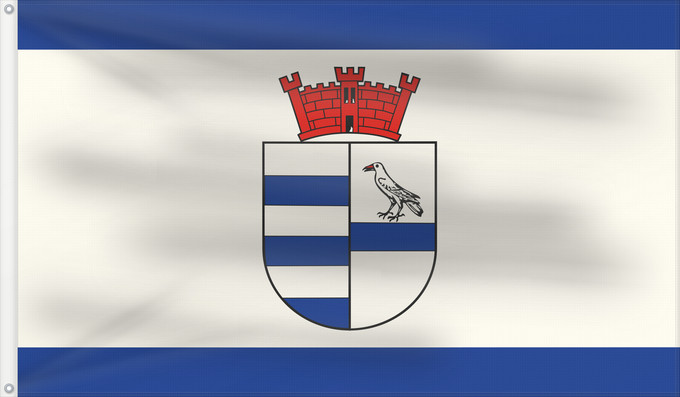 Drapeau, avec deux œillets métalliques et guindant renforcé : Sterkrade Beschreibung der Flagge Die Flagge der Stadt Sterkrade ist von Blau zu Weiß zu Blau im Verhältnis 1 6 1 längs gestreift und zeigt den Wappenschild in der Mitte