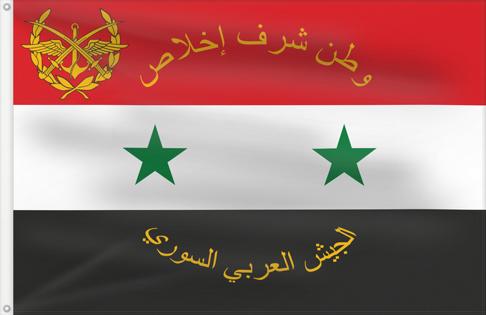 Flag, with two metal eyelets and reinforced hoist: Syrian Arab Armed Forces 1980–2024 Syrian Armed Forces Forces armées arabes syriennes (1980–2024) Fuerzas Armadas Árabes Sirias (1980–2024) Syrische Arabische Streitkräfte (1980–2024) Forze Armate Arabe Siriane (1980–2024) علم القوات المسلحة السورية