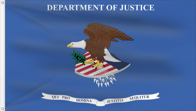 Drapeau, avec deux œillets métalliques et guindant renforcé : U.S. Department of Justice Département de la Justice des États-Unis Departamento de Justicia de EE. UU. US-Justizministerium Dipartimento di Giustizia degli Stati Uniti
