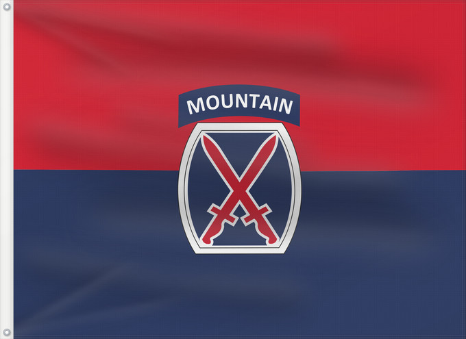 Drapeau, avec deux œillets métalliques et guindant renforcé : U.S. Army 10th Mountain Division United States Army 10th Mountain Division 10e Division de Montagne de l'Armée américaine División de Montaña 10 del Ejército de EE. UU. US Army 10. Gebirgsdivision 10ª Divisione da Montagna dell'Esercito USA