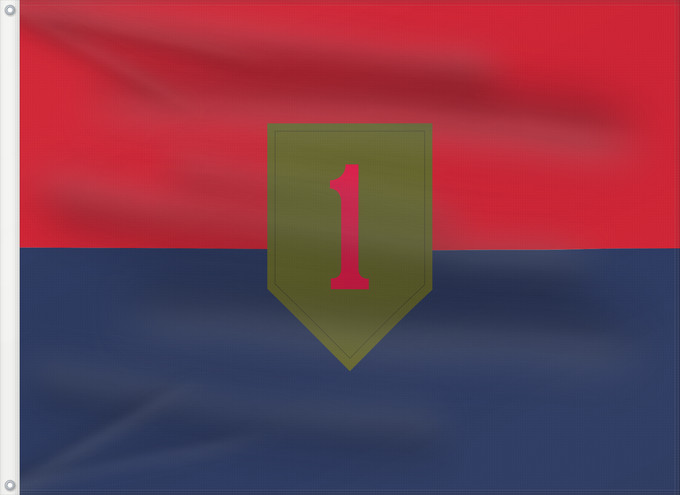 Bandera, con dos ojales metálicos y lado del asta reforzado: United States Army 1st Infantry Division	1re Division d'infanterie de l'armée américaine	1.ª División de Infantería del Ejército de los Estados Unidos	1. Infanteriedivision der United States Army	1ª Divisione di fanteria dell'esercito degli Stati Uniti