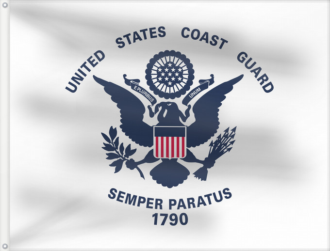 Drapeau, avec deux œillets métalliques et guindant renforcé : United States Coast Guard United States Coast Guard Service Color Couleur de Service de la Garde Côtière des États-Unis Color de Servicio de la Guardia Costera de los Estados Unidos Dienstflagge der United States Coast Guard Colore di Servizio della Guard
