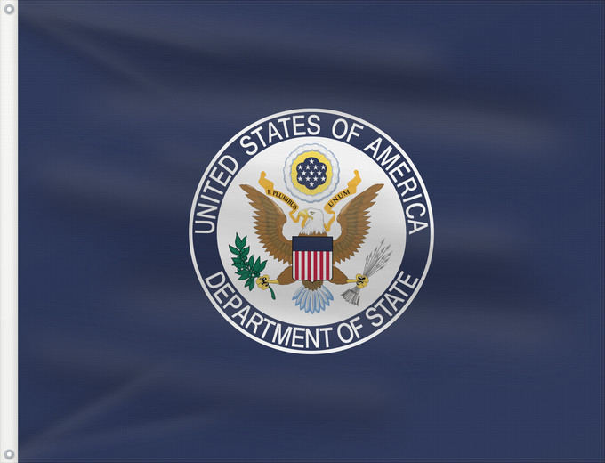 Drapeau, avec deux œillets métalliques et guindant renforcé : United States Department of State	Département d'État des États-Unis	Departamento de Estado de los Estados Unidos	Außenministerium der Vereinigten Staaten	Dipartimento di Stato degli Stati Uniti